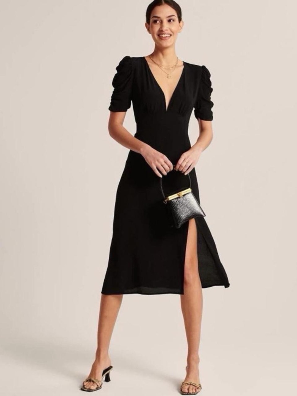 Abercrombie and Fitch Black V-Neck Midi Dress with Puff Sleeves and Side Slit